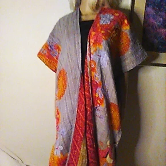 Kantha "Free Spirit" Long Kimono Reversible XL & Under Peacocks Handmade New - Picture 1 of 16